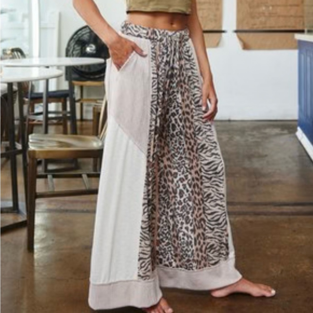 BUCKETLIST Beige and Brown Animal Panel Palazzo Pants